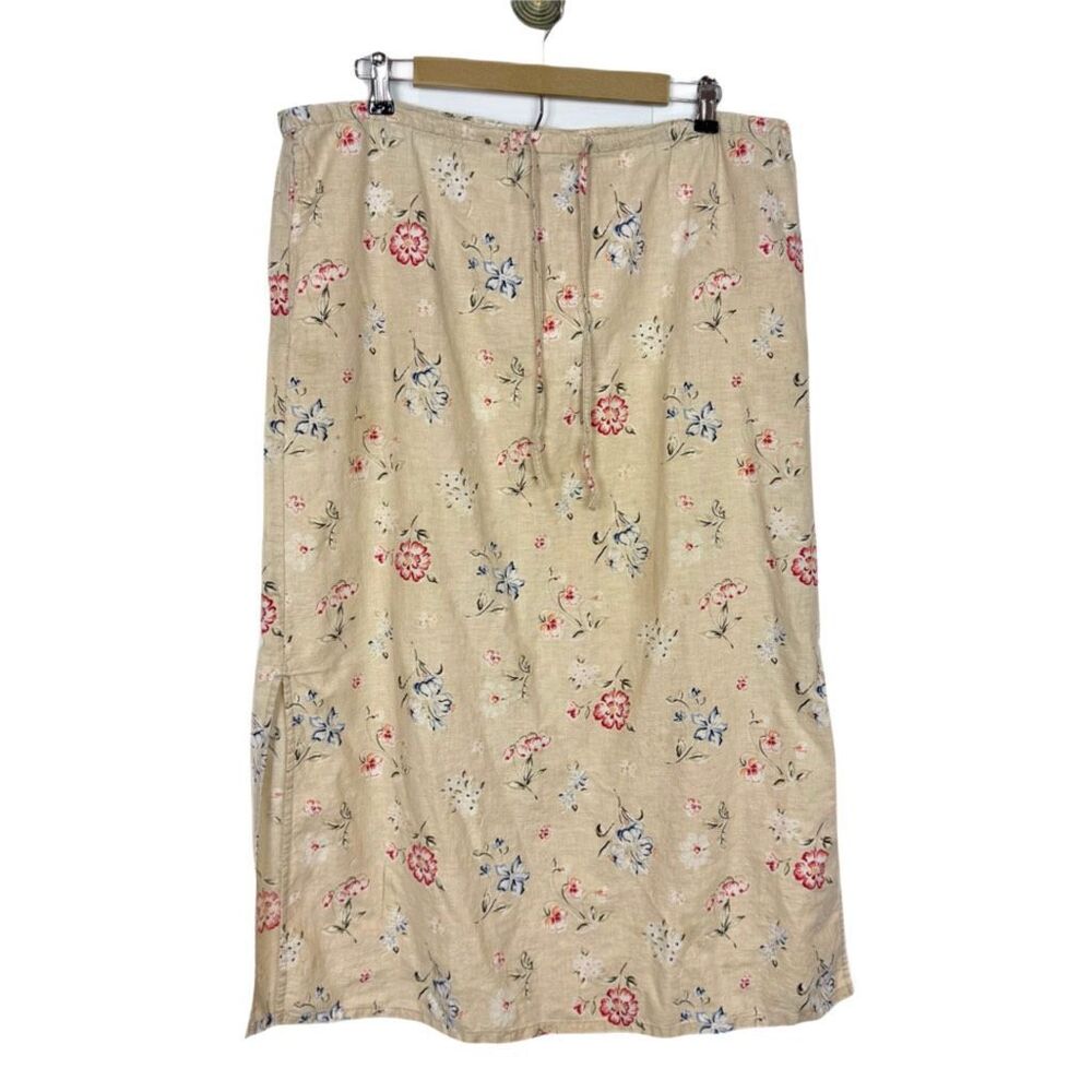 Vintage Linen Midi Skirt Womens Large Beige Floral Drawstring Boho Pencil Long